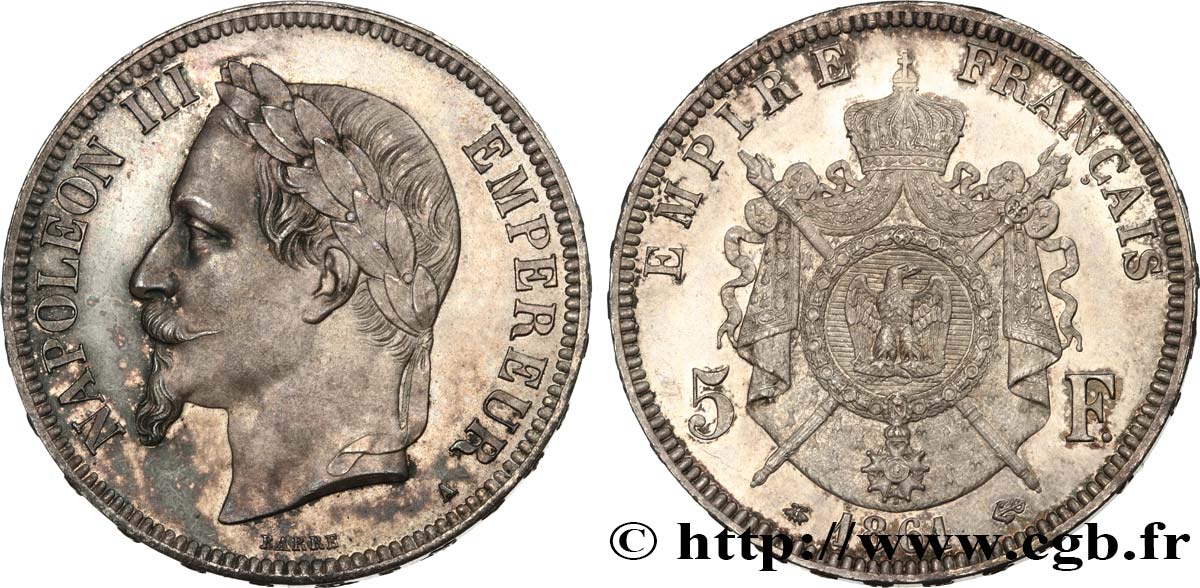 5 francs Napoléon III, tête laurée, petit A 1861 Paris F.331/1 SC64 