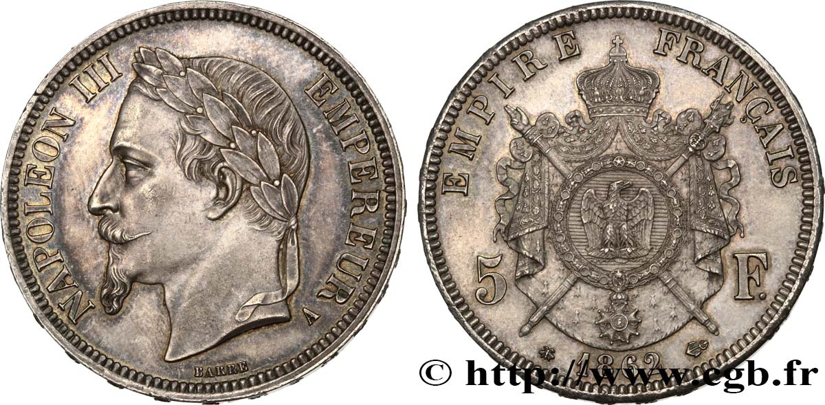 5 francs Napoléon III, tête laurée 1862 Paris F.331/3 SPL63 