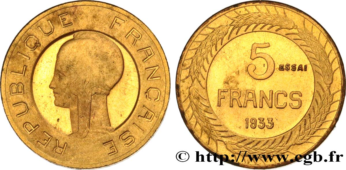 Concours de 5 francs, essai de Cochet, petit module, variante de métal 1933 Paris GEM.135 5 var. SPL64 