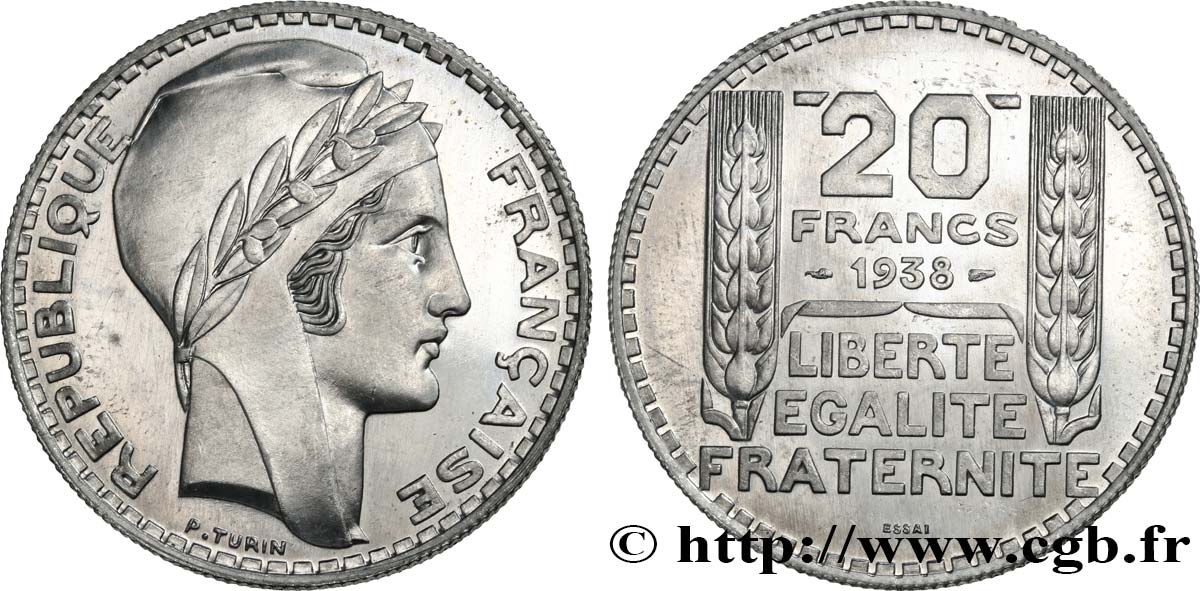 Préparation de la 20 francs Pétain, type Turin, essai en aluminium, tranche striée, 5 g 1938 Paris GEM.200  6 MS64 