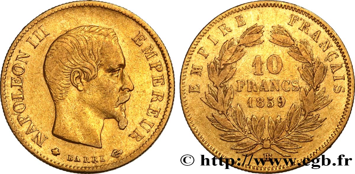 10 francs or Napoléon III, tête nue 1859 Strasbourg F.506/8 VF 