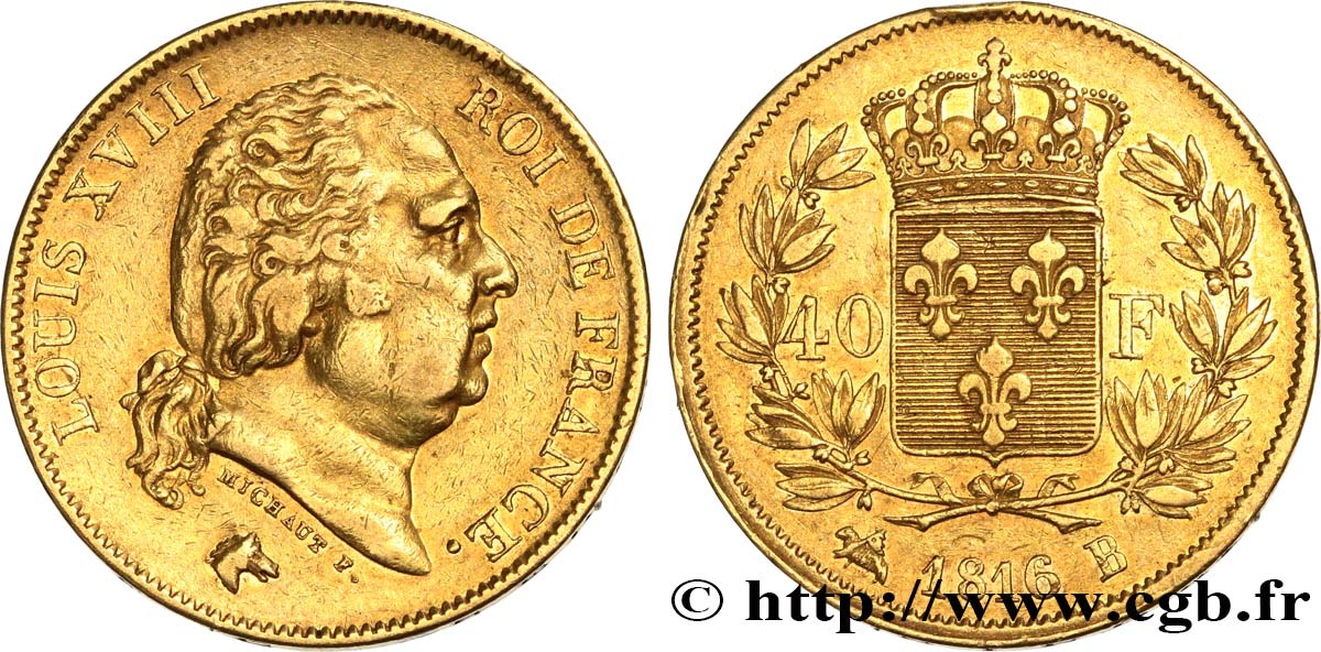 40 francs or Louis XVIII 1816 Rouen F.542/2 SS 