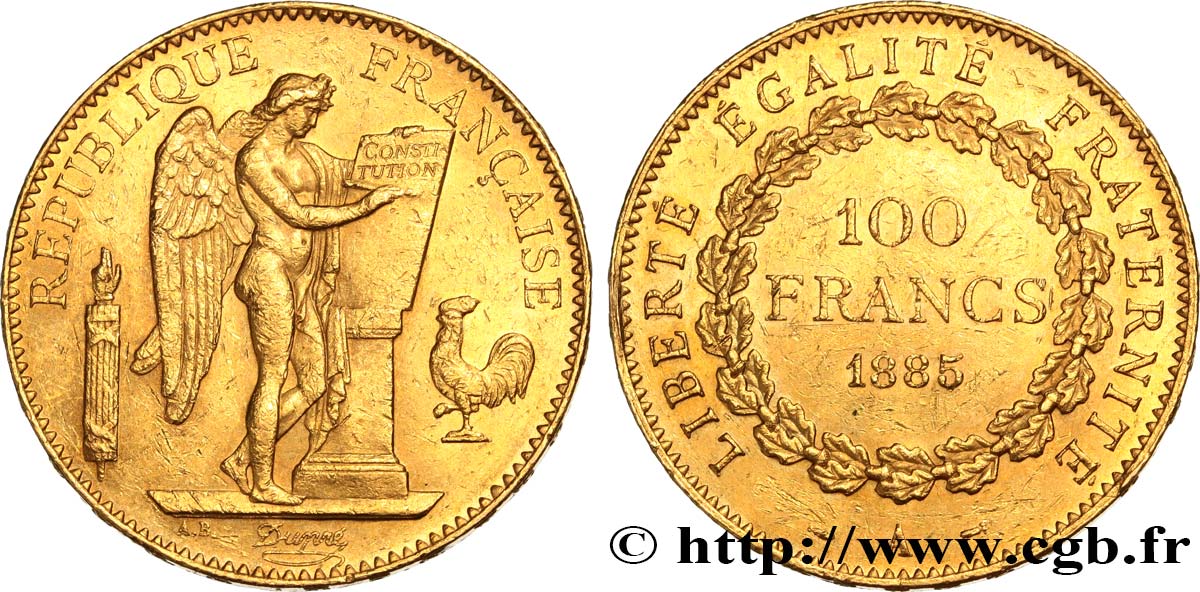 100 francs or Génie, tranche inscrite en relief Dieu protège la France 1885 Paris F.552/6 MBC+ 