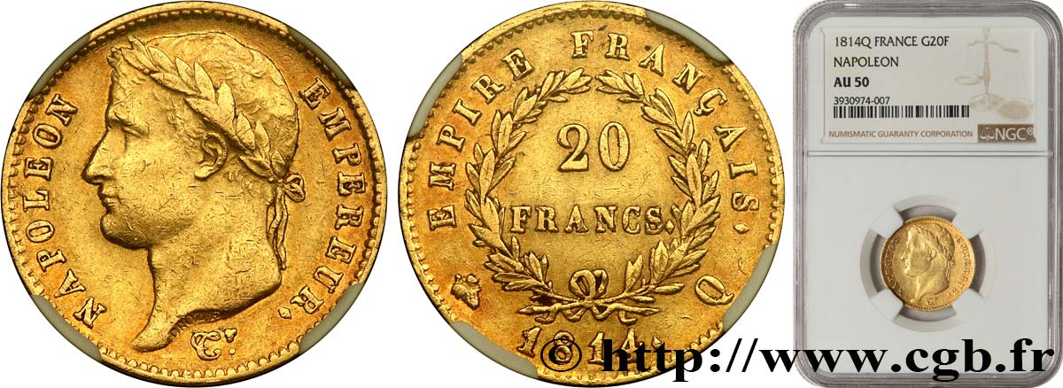 20 francs or Napoléon tête laurée, Empire français 1814 Perpignan F.516/41 MBC50 NGC