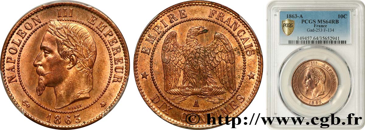 Dix centimes Napoléon III, tête laurée 1863 Paris F.134/10 MS64 PCGS