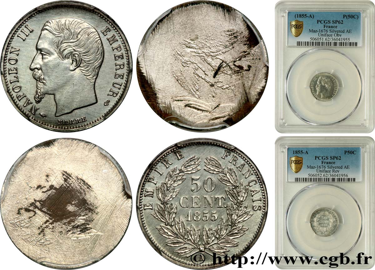 Paire d’essais uniface de 50 centimes Napoléon III, tête nue 1855 Paris Maz.1676  MS62 PCGS