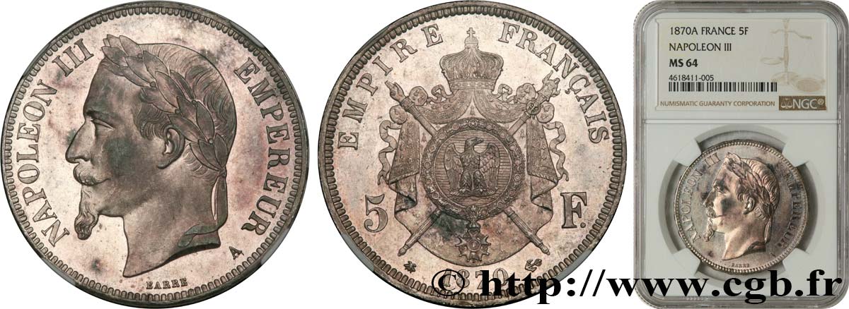 5 francs Napoléon III, tête laurée 1870 Paris F.331/16 SPL64 NGC