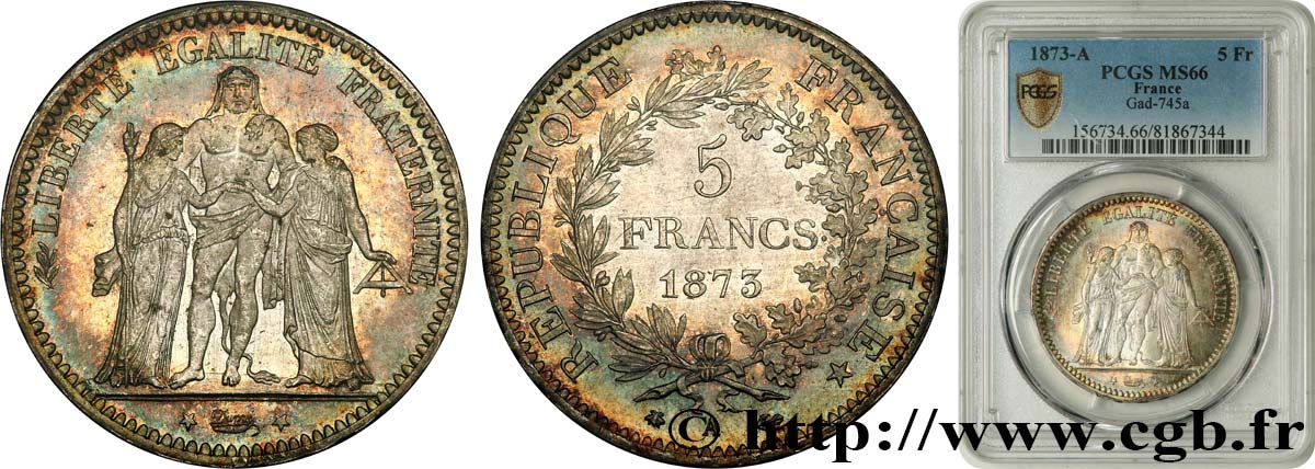 5 francs Hercule 1873 Paris F.334/9 FDC66 PCGS