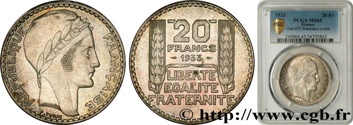 20 francs Turin, rameaux courts 1933  F.400/4 FDC65 PCGS
