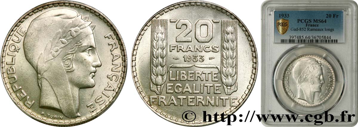 20 francs Turin, rameaux longs 1933  F.400/5 MS64 PCGS