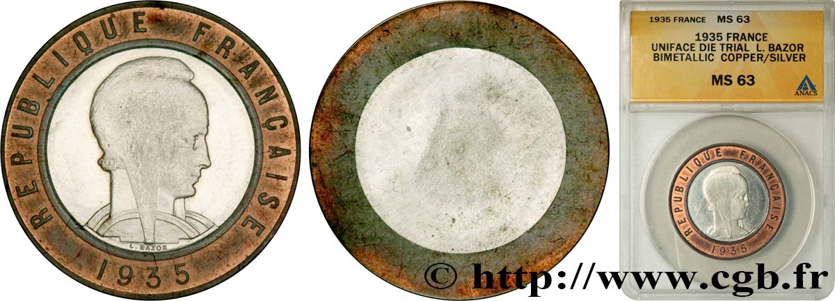 Essai uniface d’avers de 25 francs bimétallique, cupro-alu cuivré / argent 1935  GEM.219 12 SPL63 ANACS