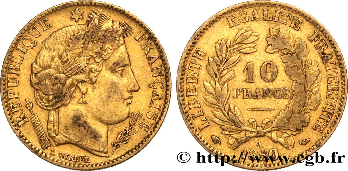 10 francs or Cérès, IIe République, levrette oreille basse 1850 Paris F.504/2 MB35 