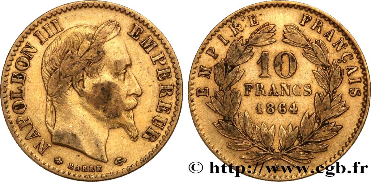 10 francs or Napoléon III, tête laurée, type définitif à grand 10 1864 Paris F.507A/6 TB35 