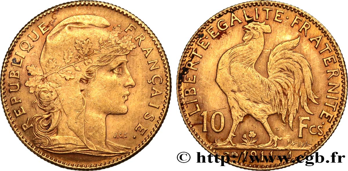 10 francs or Coq 1911 Paris F.509/12 MBC+ 