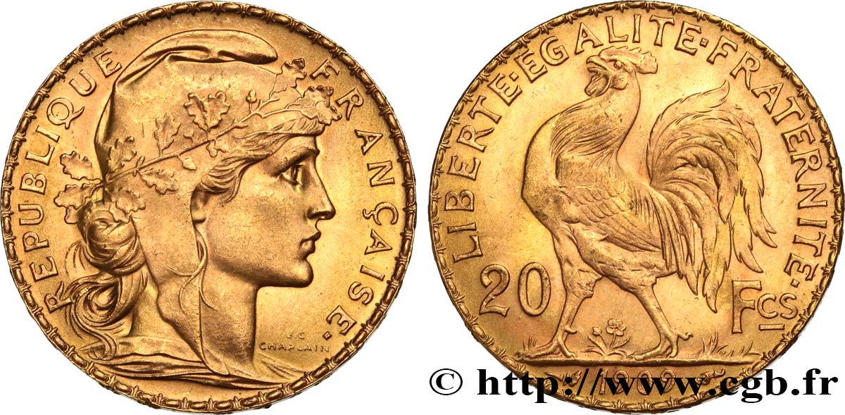 20 francs or Coq, Liberté Égalité Fraternité 1909 Paris F.535/3 MS 
