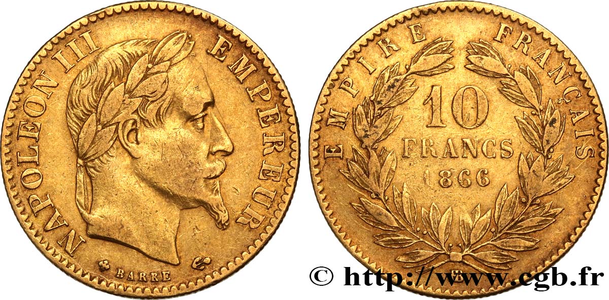 10 francs or Napoléon III, tête laurée, type définitif à grand 10 1866 Strasbourg F.507A/14 VF30 