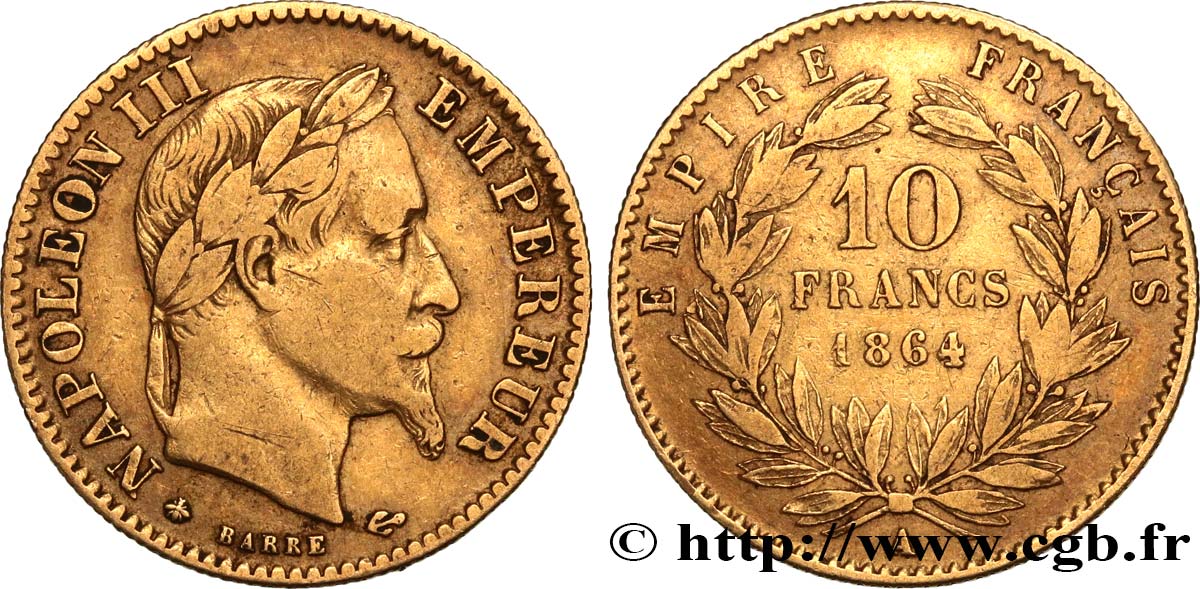 10 francs or Napoléon III, tête laurée, type définitif à grand 10 1864 Paris F.507A/6 S25 
