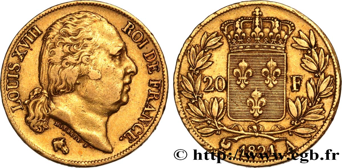 20 francs or Louis XVIII, tête nue 1821 Paris F.519/24 XF45 