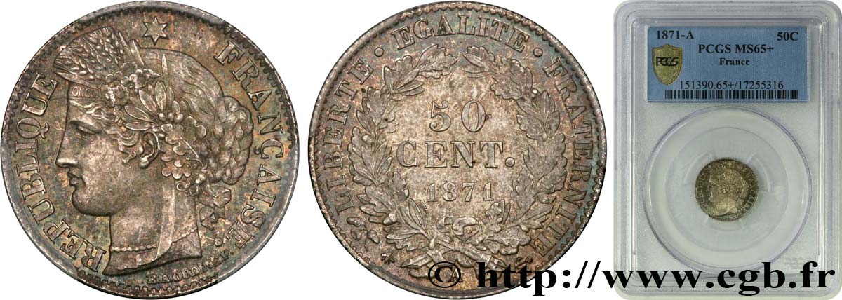 50 centimes Cérès, IIIe République 1871 Paris F.189/1 MS65 PCGS