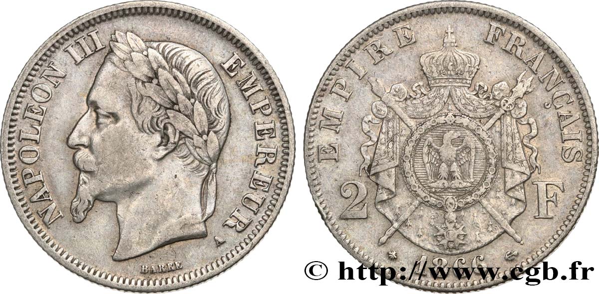 2 francs Napoléon III, tête laurée 1866 Paris F.263/2 S35 
