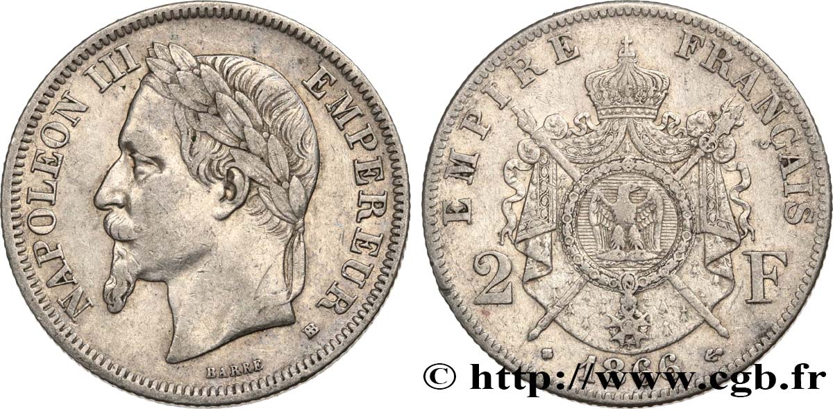 2 francs Napoléon III, tête laurée 1866 Strasbourg F.263/3 q.BB 