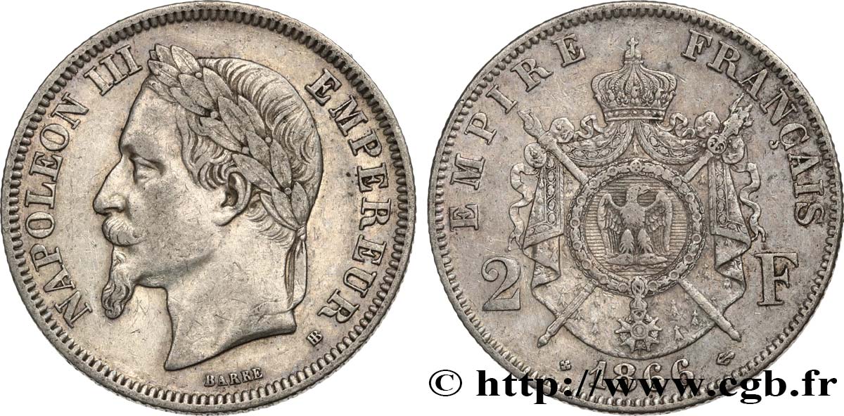 2 francs Napoléon III, tête laurée 1866 Strasbourg F.263/3 XF40 