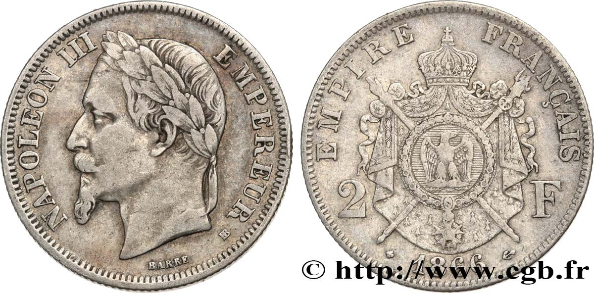 2 francs Napoléon III, tête laurée  1866 Strasbourg F.263/3 TB35 
