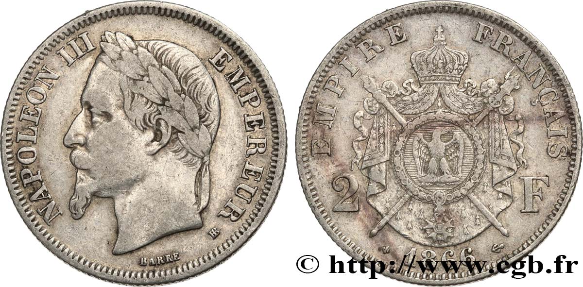 2 francs Napoléon III, tête laurée 1866 Strasbourg F.263/3 q.BB 