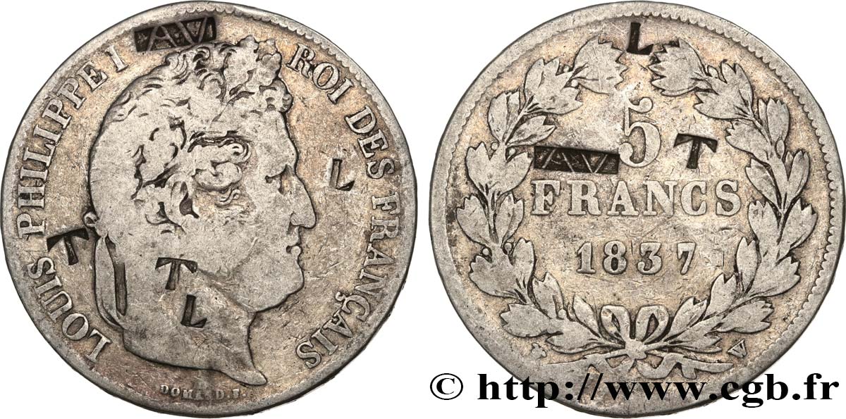 5 francs IIe type Domard, contremarqué 1837 Lille F.324/67 TB15 