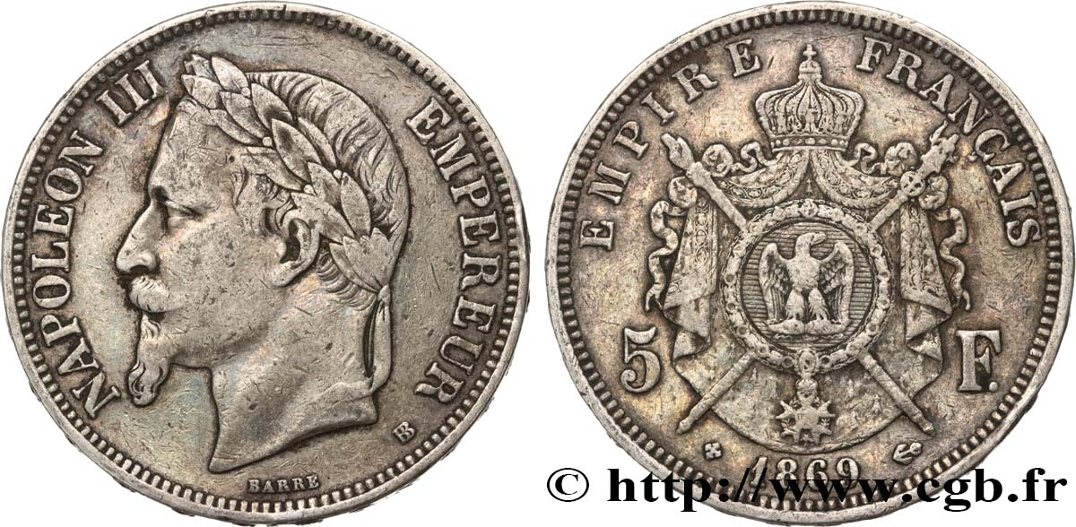 5 francs Napoléon III, tête laurée 1869 Strasbourg F.331/15 TB35 