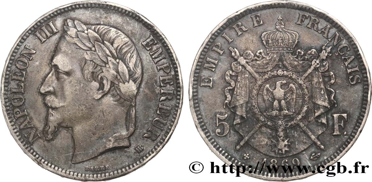 5 francs Napoléon III, tête laurée 1869 Strasbourg F.331/15 TB35 