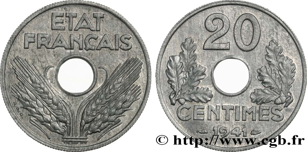20 centimes État français, lourde 1941  F.153/2 MS63 