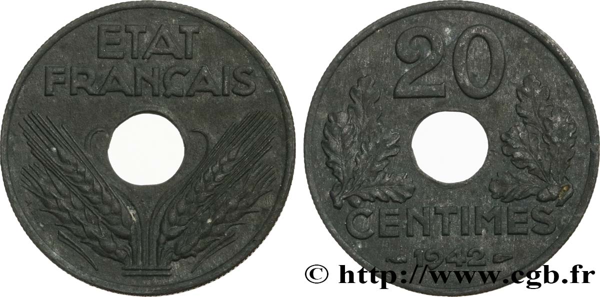 20 centimes État français, lourde 1942  F.153/4 SUP55 