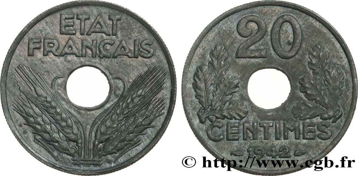20 centimes État français, lourde 1942  F.153/4 MS62 