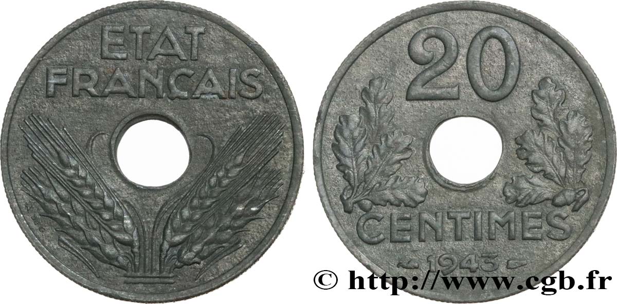 20 centimes État français, lourde 1943  F.153/5 SPL58 