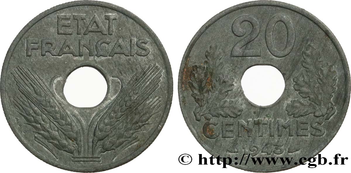 20 centimes État français, légère 1943  F.153A/1 SUP55 