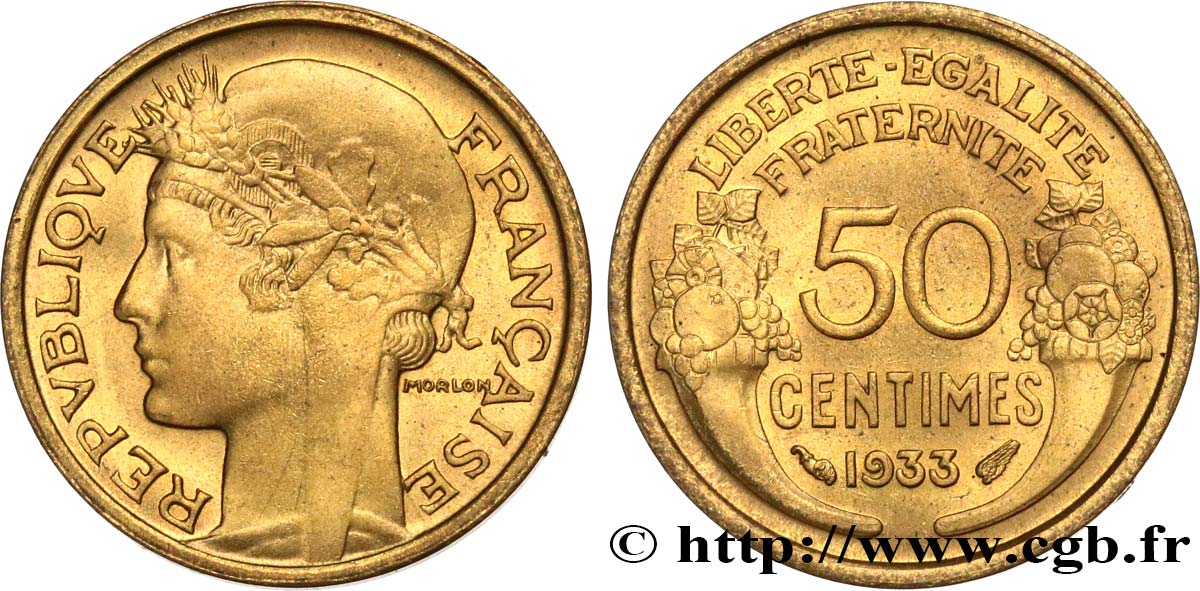 50 centimes Morlon, sans raisin, 9 ouvert 1933  F.192/10 MS63 