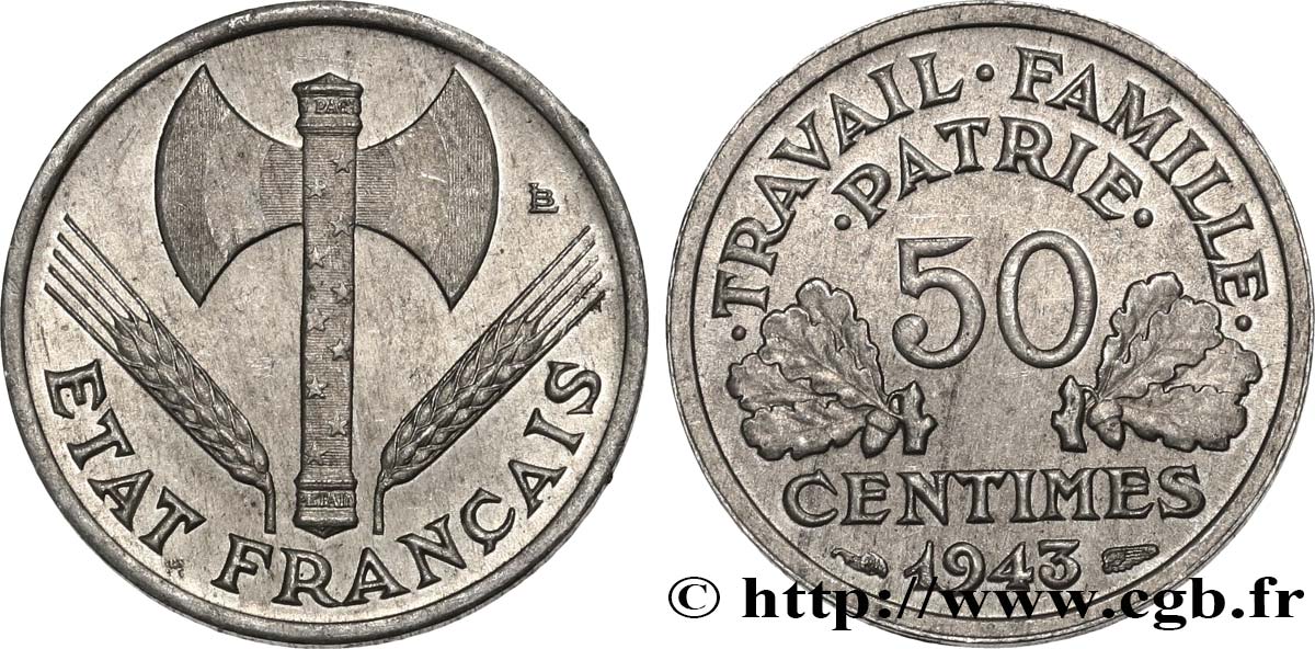 50 centimes Francisque, légère 1943  F.196/2 SUP58 