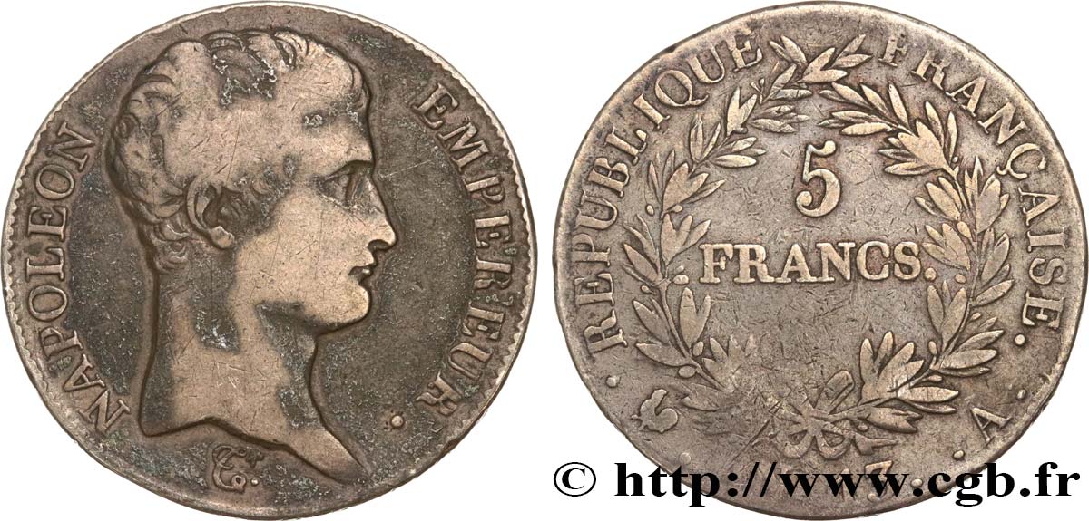 5 francs Napoléon Empereur, Calendrier révolutionnaire 1805 Paris F.303/2 VF20 
