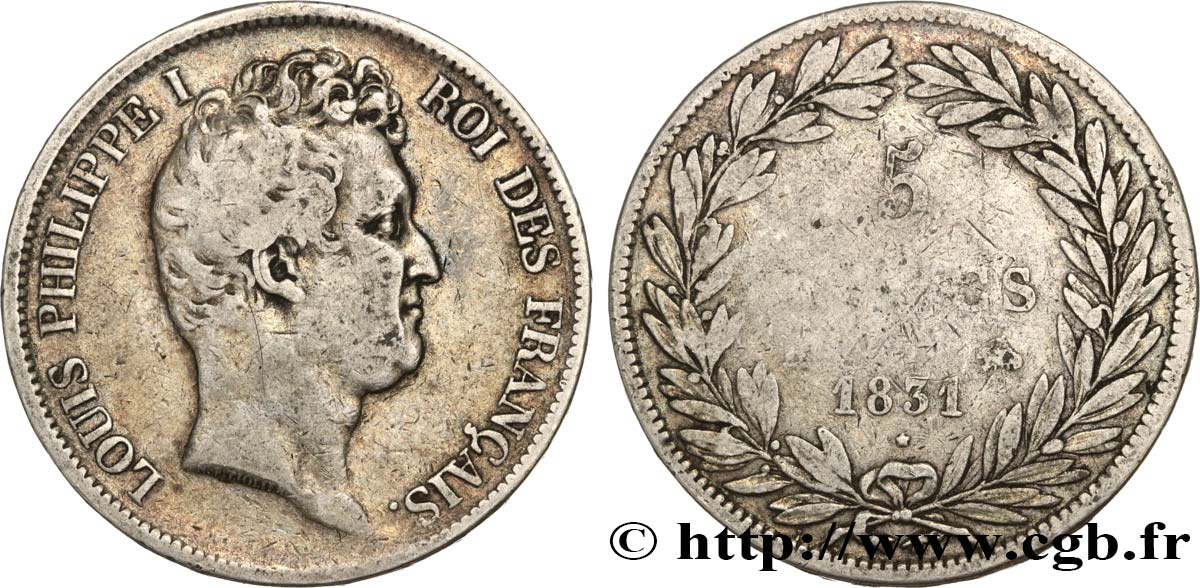 5 francs type Tiolier avec le I, tranche en relief 1831 Rouen F.316/3 TB15 