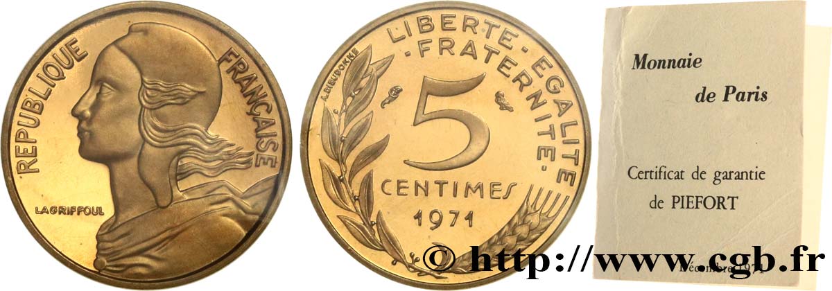 Piéfort Br-Al de 5 centimes Marianne 1971 Paris GEM.22 P1 ST 