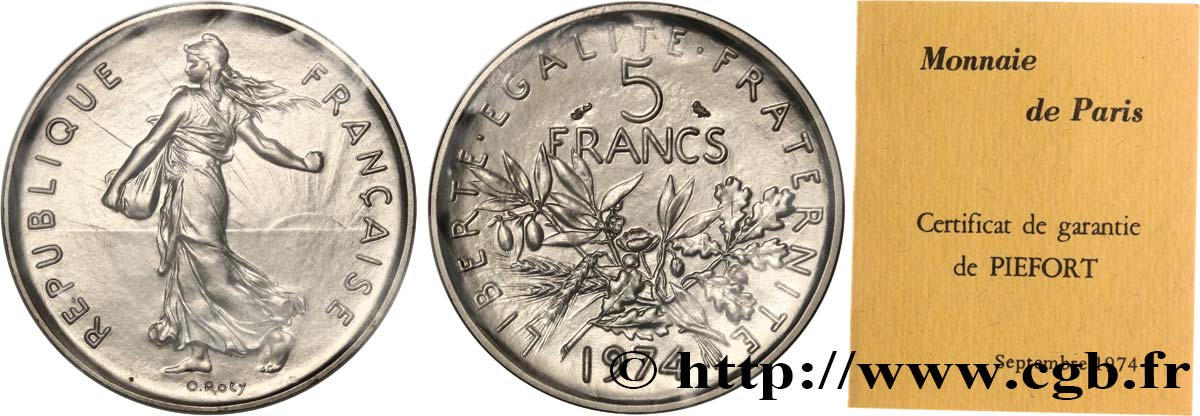 Piéfort Cu-Ni de 5 francs Semeuse 1974 Pessac GEM.154 P1 MS 