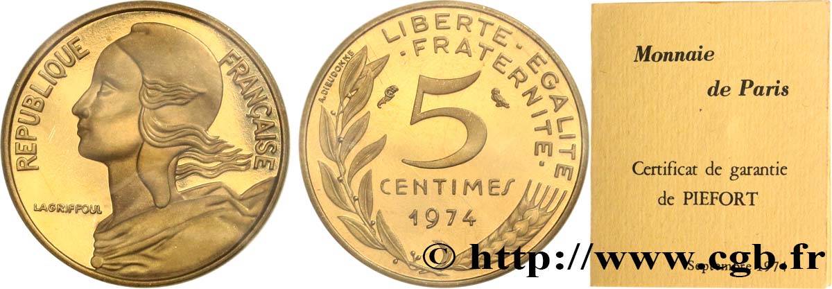 Piéfort Cu-Al-Ni de 5 centimes Marianne 1974 Paris GEM.22 P1 FDC 