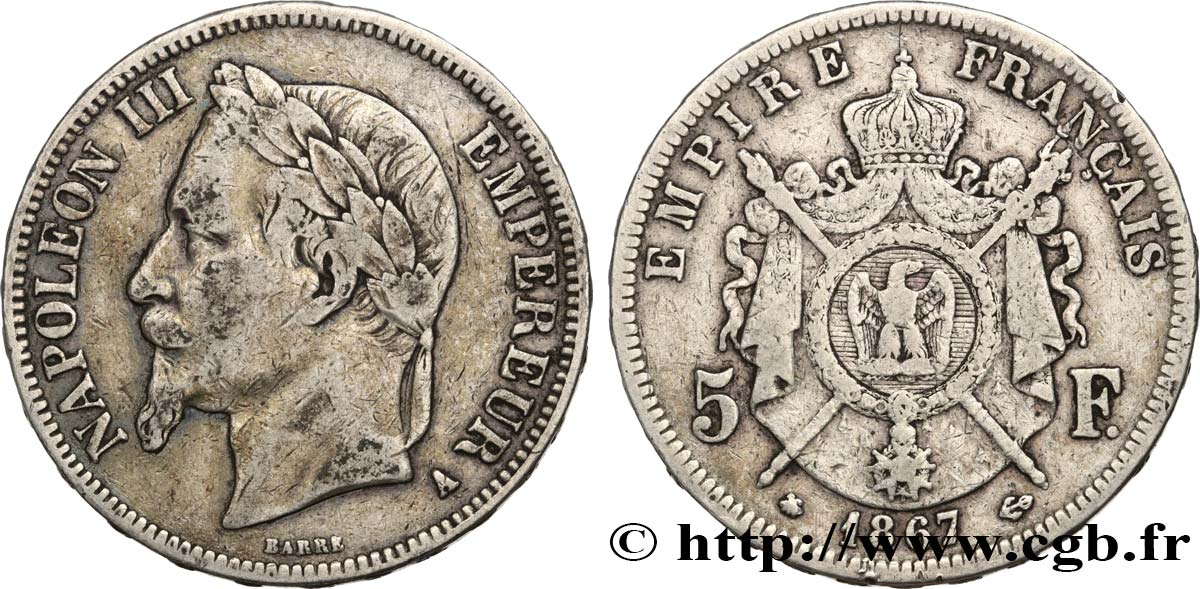 5 francs Napoléon III, tête laurée 1867 Paris F.331/10 VF20 
