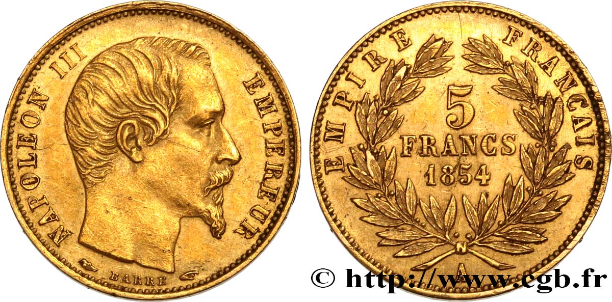 5 francs or Napoléon III, tête nue, petit module, tranche lisse 1854 Paris F.500/1 SUP 