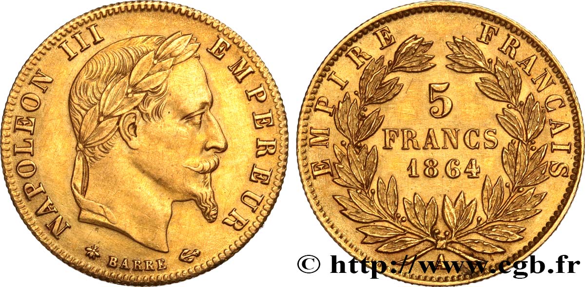 5 francs or Napoléon III, tête laurée 1864 Paris F.502/5 TTB+ 