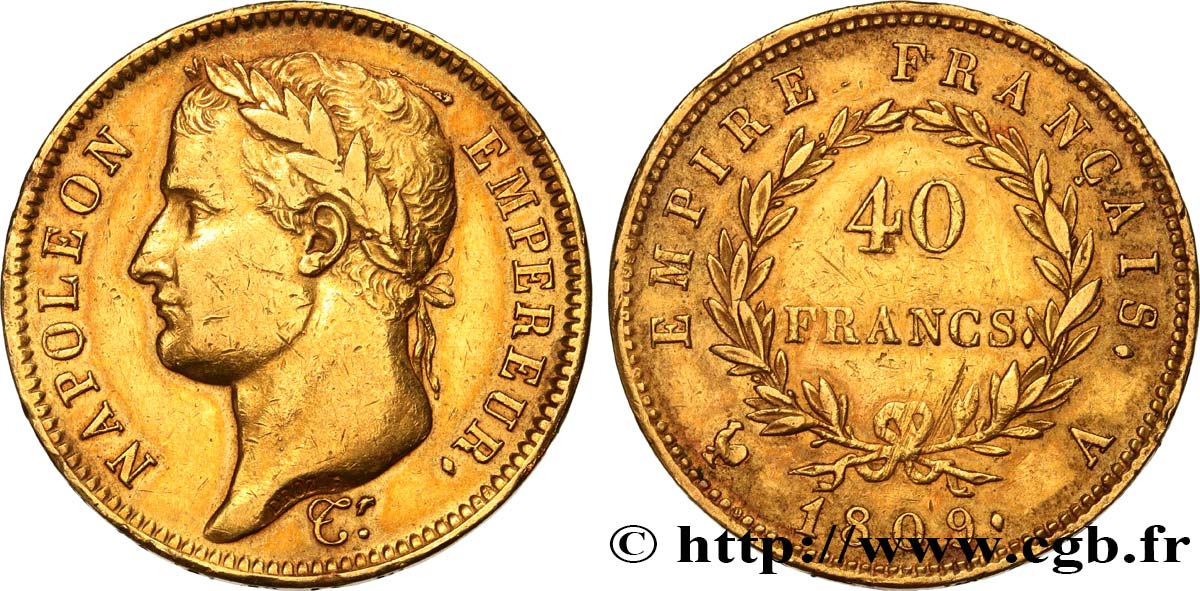 40 francs or Napoléon tête laurée, Empire français 1809 Paris F.541/1 MBC 