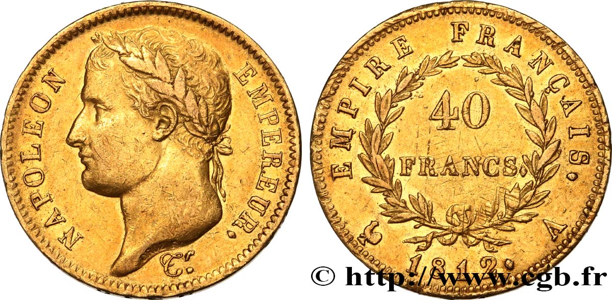 40 francs or Napoléon tête laurée, Empire français 1812 Paris F.541/9 XF 