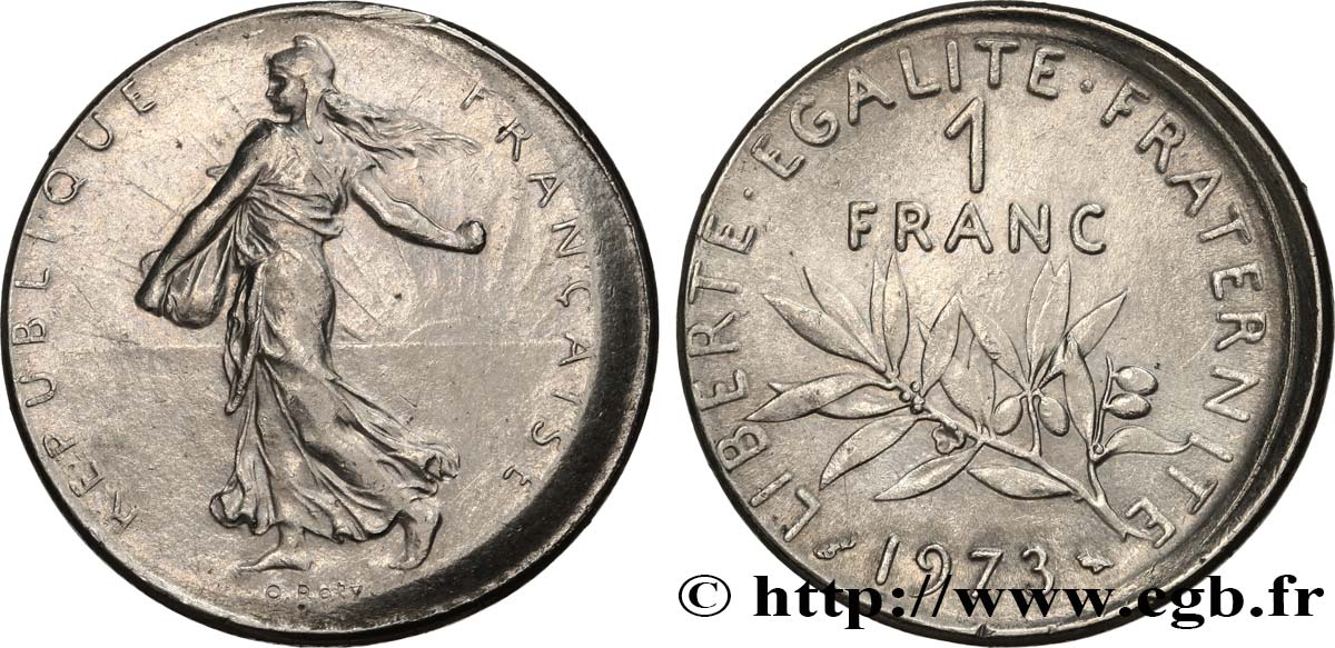 1 franc Semeuse, nickel, fautée frappe en “casquette” 1973 Pessac F.226/18 VZ 