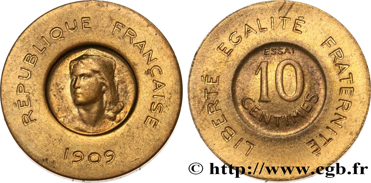 Essai de 10 centimes Rude en bronze-aluminium 1909 Paris GEM.35 11 MS63 